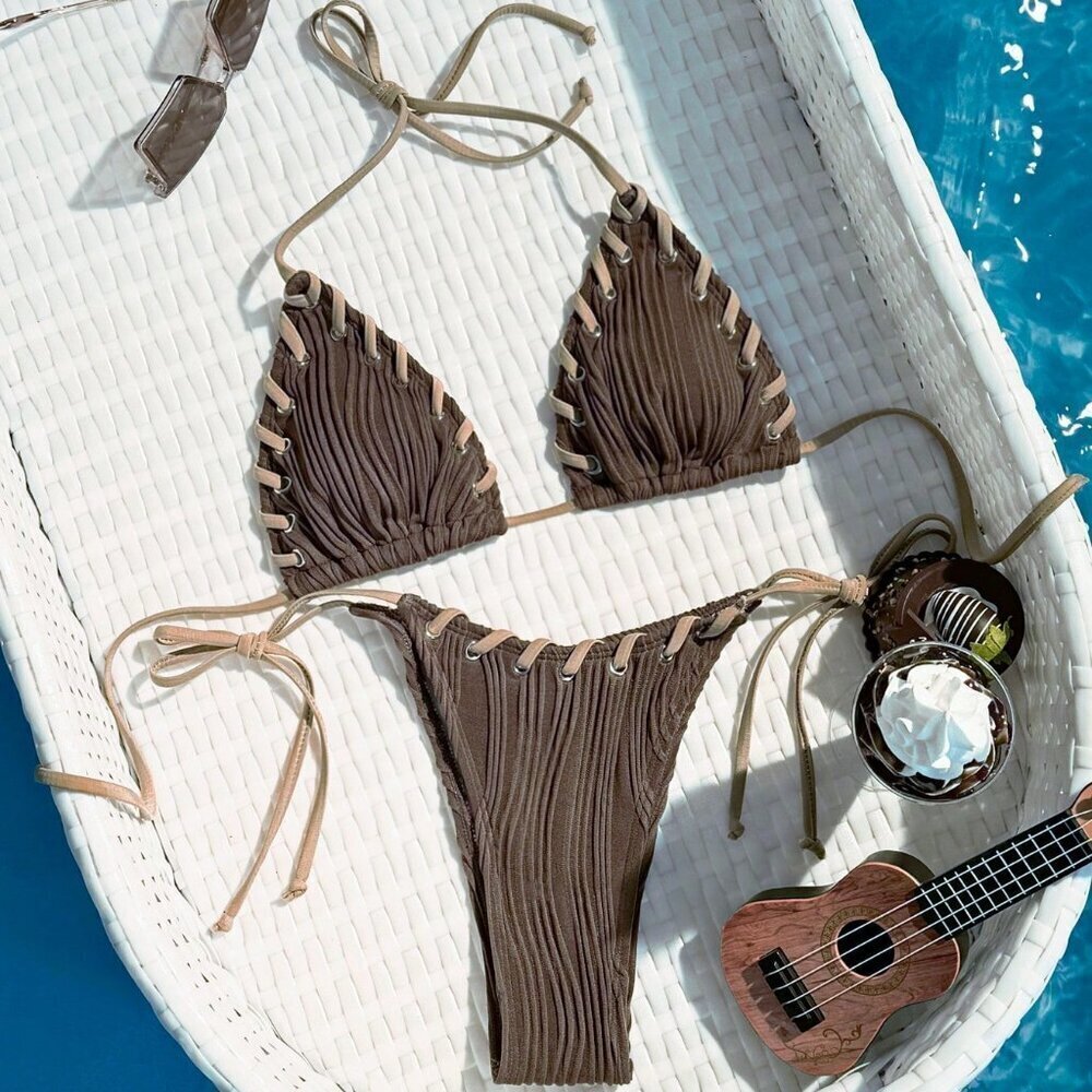 brown Sexy Beach Women's Color Block Bikini Set